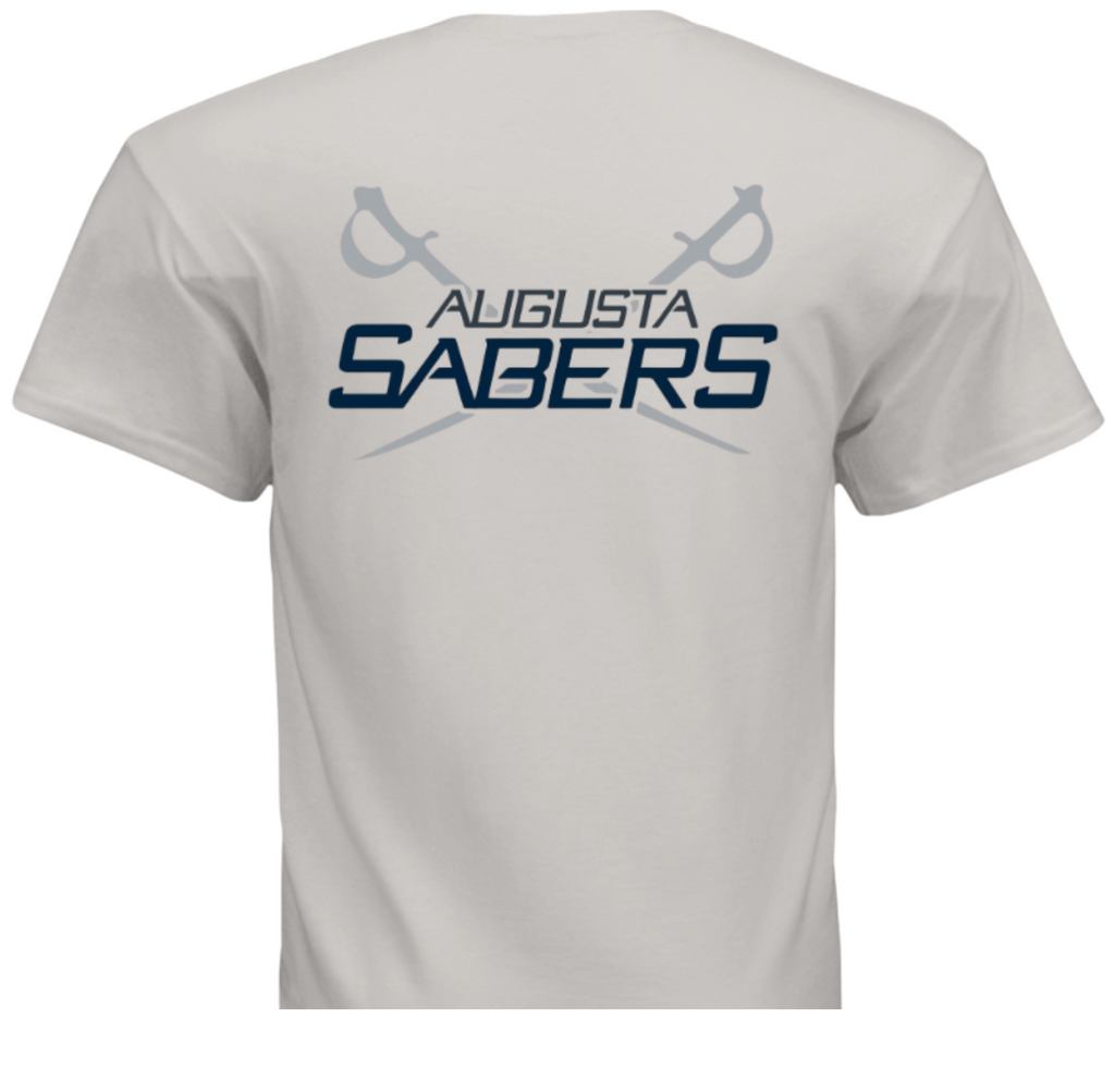 Gray t-shirt with 'Augusta Sabers' text and logo on a gray sword background