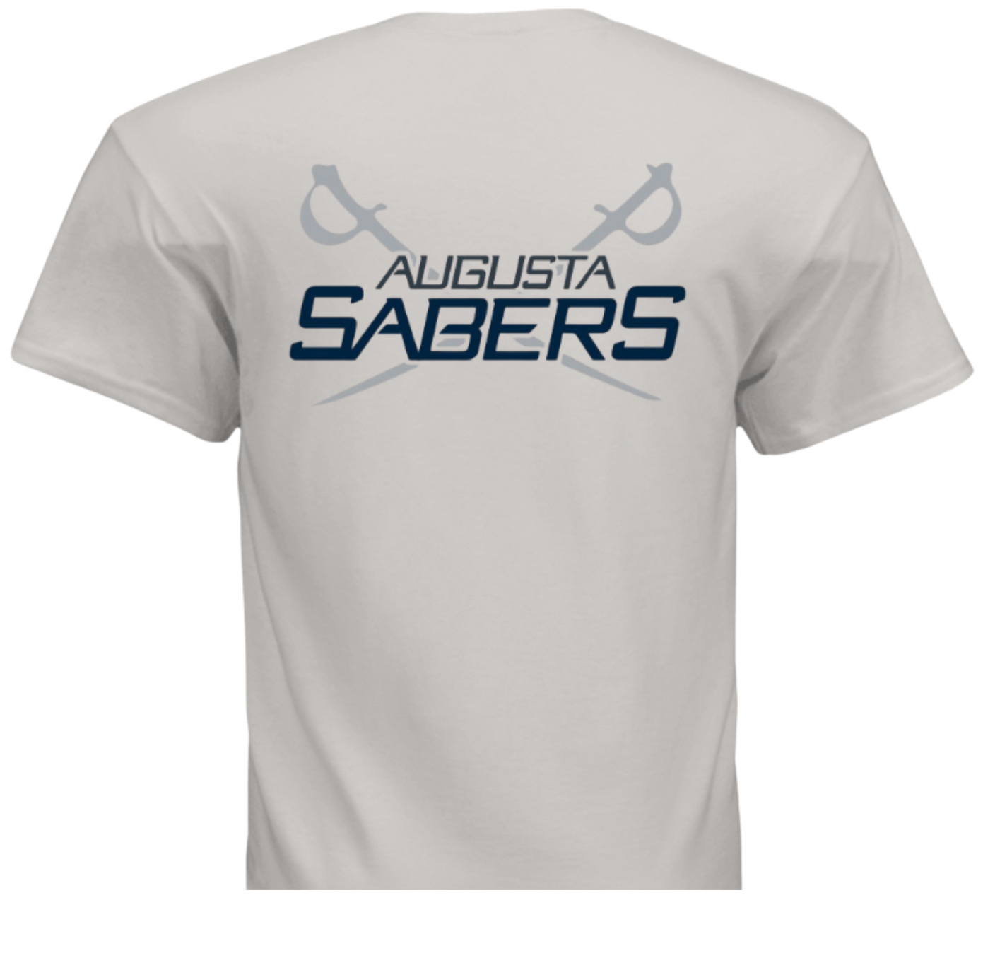 Gray t-shirt with 'Augusta Sabers' text and logo on a gray sword background