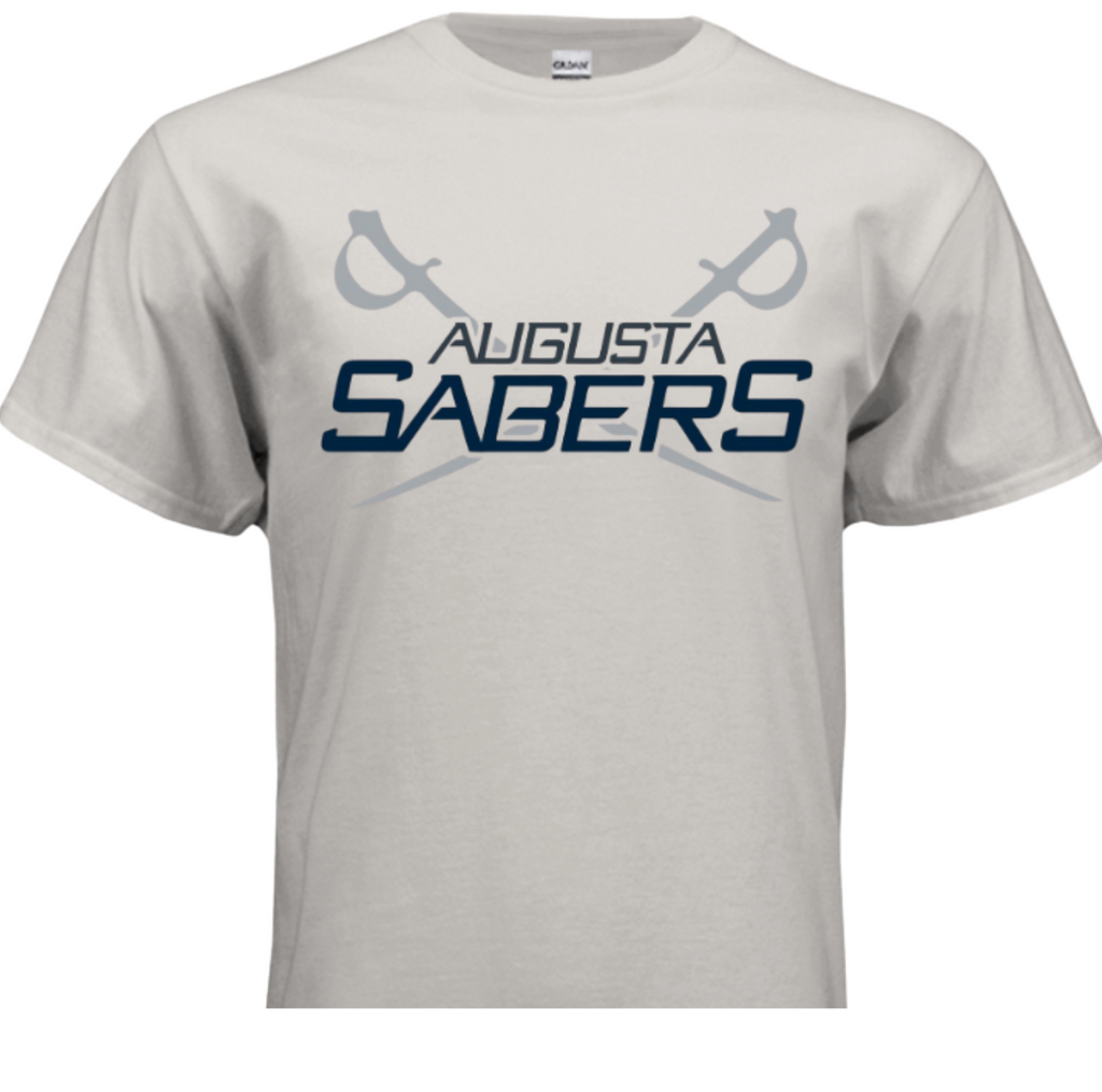Gray t-shirt with 'Augusta Sabers' text and logo on a gray background