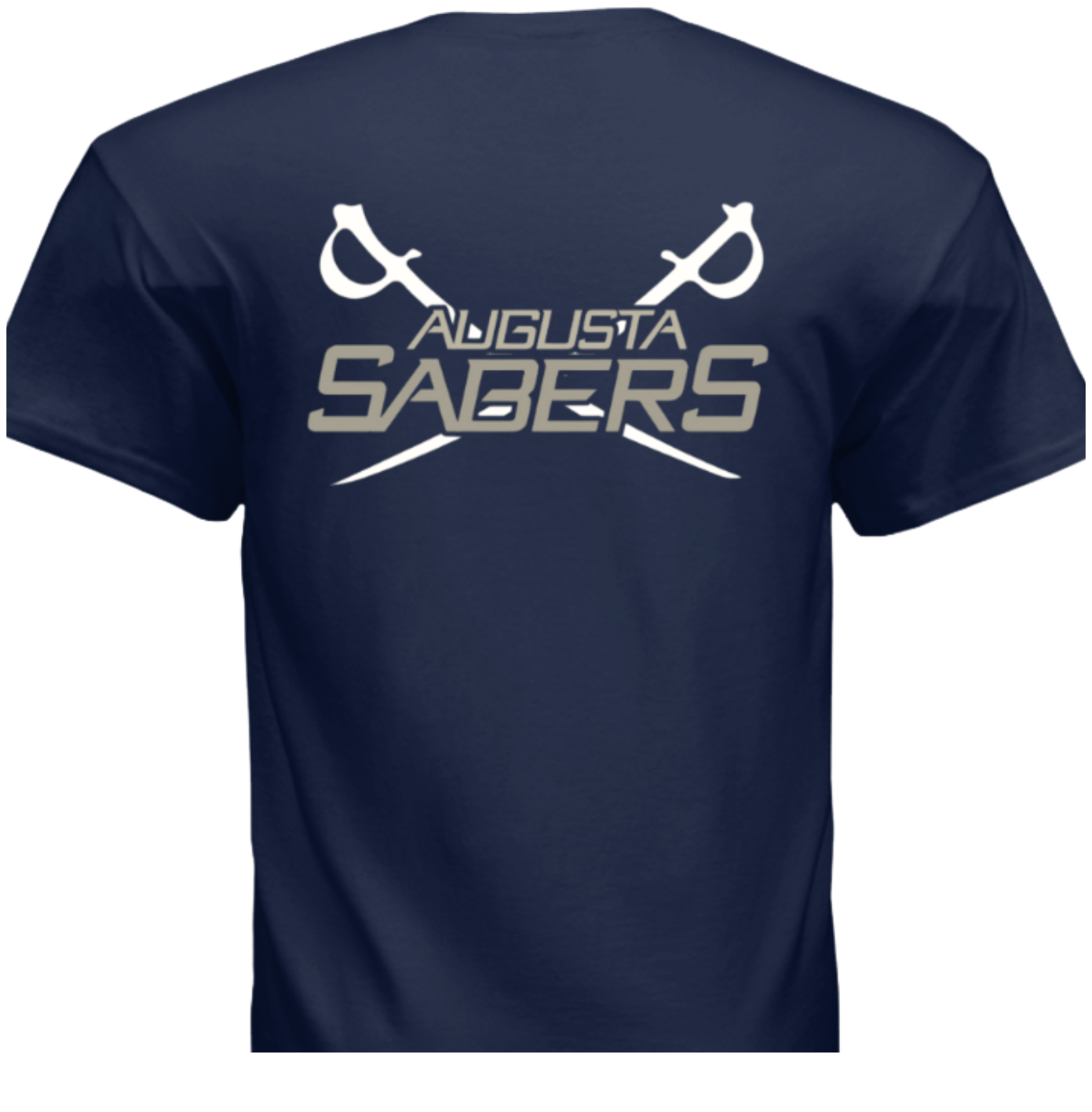 Navy blue t-shirt with 'Augusta Sabers' logo on the back against a white sword background