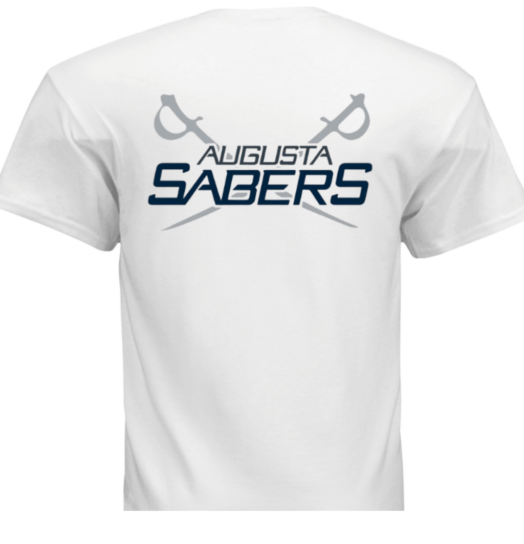 White t-shirt with 'Augusta Sabers' text and logo on a white background